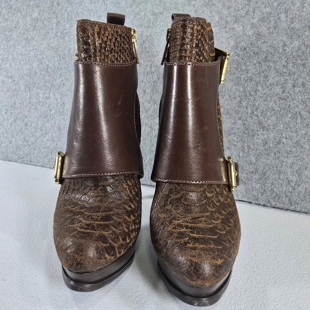 Michael Kors Brown Snakeskin Embossed Leather Platform Buckle Ankle Boots 5.5M